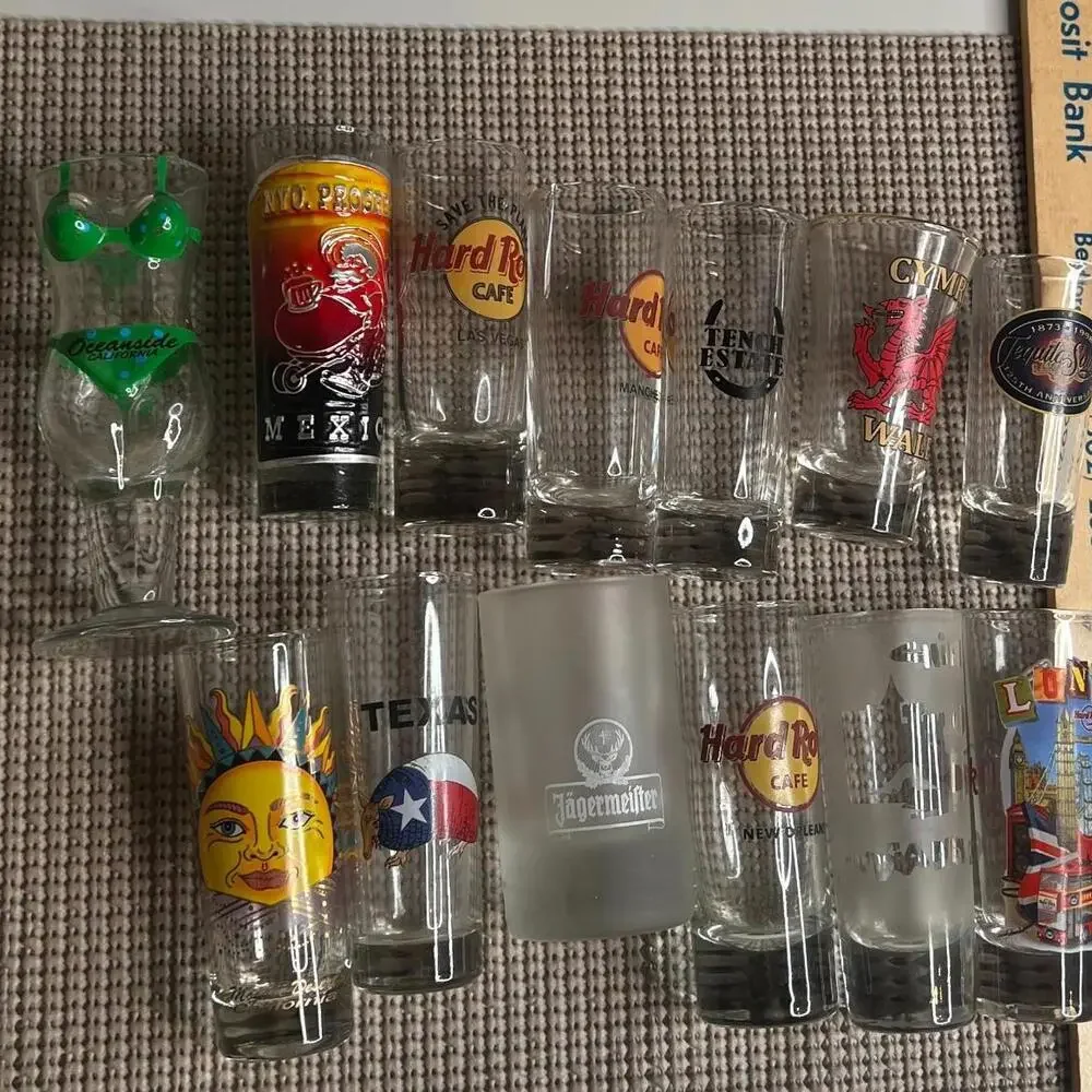Lot of 13 Souvenir Shot‎ Glasses Hard Rock Cafe London Mexico Wales Jägermeister